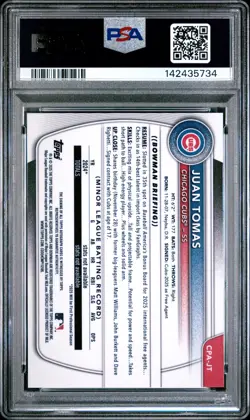 2025 Bowman Chrome Prospect 1st #CPAJT Juan Tomas Auto Blue #/150 PSA 9 - Image 2
