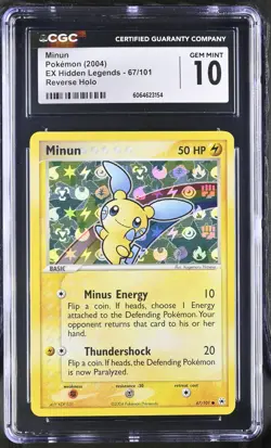 CGC 10 GEM MINT Minun 2004 EX Hidden Legends 67/101 Reverse Holo Pokemon Card - Image 1