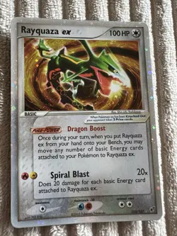 2005 RARE Rayquaza EX Holo 102/107 Deoxys swirl Pokemon Card - Image 2
