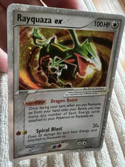 2005 RARE Rayquaza EX Holo 102/107 Deoxys swirl Pokemon Card - Image 4