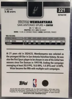 2025-26 Topps Chrome - Victor Wembanyama #221 Refractor - Image 2