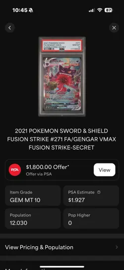 Gengar VMAX Alternate Art Secret 271/264 Swsh08: Fusion Strike Holo Card PSA 10 - Image 3