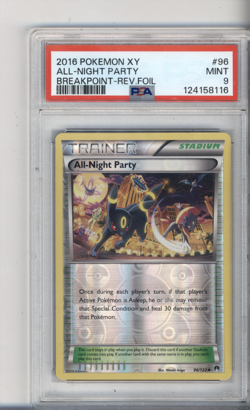 2016 POKEMON XY BREAKPOINT REVERSE HOLO #96 ALL NIGHT PARTY PSA 9 - Image 1