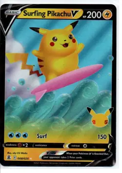 Surfing Pikachu V 008/025 Holo V Rare Celebrations Pokemon Holo Near Mint - Image 1