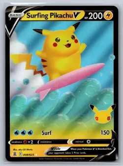 Surfing Pikachu V 008/025 Holo V Rare Celebrations Pokemon Near Mint - Image 1