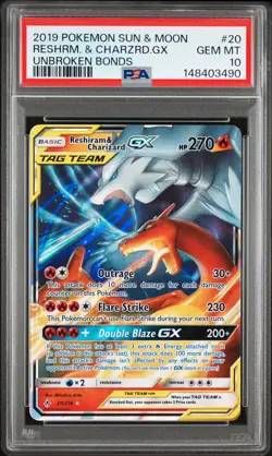 2019 POKEMON SUN & MOON UNBROKEN BONDS #20 RESHIRAM & CHARIZARD GX PSA 10 - Image 1
