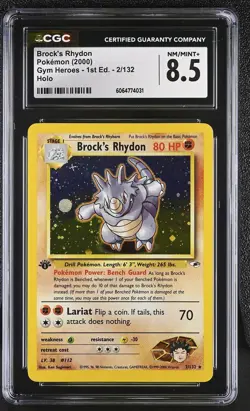 CGC 8.5 Brock's Rhydon Gym Heroes 1st Edition 2/132 Holo Pokemon Card - Image 1