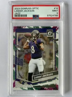 2023 Donruss Optic Lamar Jackson Jazz Print Prizm CASE HIT SSP #14 (PSA 9) POP 2 - Image 1