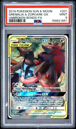 2019 POKEMON SUN & MOON UNBROKEN BONDS FULL ART/GRENINJA & ZOROARK GX PSA 9 - Image 1