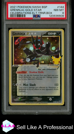 GRENINJA-GOLD STR CELEBRATIONS ELT.TRNR.BOX POKEMON SWSH BSP 2021 144 PSA 8 - Image 1