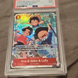 Namco Ace & Sabo & Luffy OP13-007 AA SR Foil Carrying on His Will EN PSA 9 - Image 1
