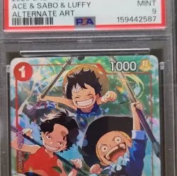 Namco Ace & Sabo & Luffy OP13-007 AA SR Foil Carrying on His Will EN PSA 9 - Image 2