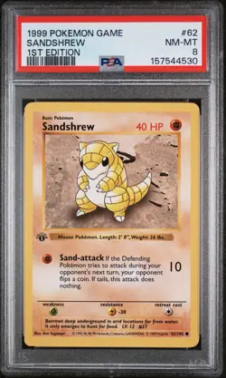 Pokemon Card 1st Edition Sandshrew PSA 8 NM-Mint, Base Set 62/102, WOTC 1999 - Image 1