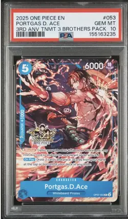 One Piece Portgas D. Ace 3rd Anniversary 3 Brothers Promo OP07-053 PSA 10 - Image 1