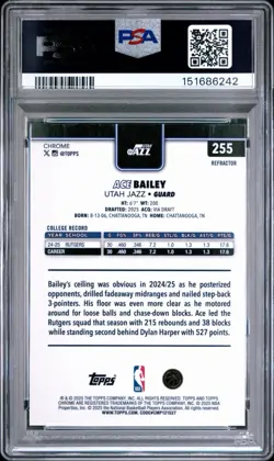 Topps Chrome Ace Bailey Utah Jazz RC Refractor #255 PSA 10 2025-26 - Image 2