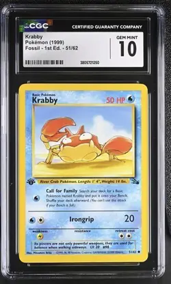 ✨ CGC 10 1999 Krabby 51/62 POKEMON FOSSIL 1ST ED Edition Pokemon Card - Image 1