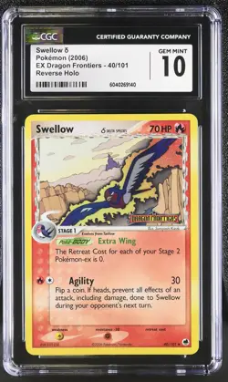CGC 10 Swellow EX Dragon Frontiers 40/101 Reverse Holo STAMPED Pokemon Card - Image 1