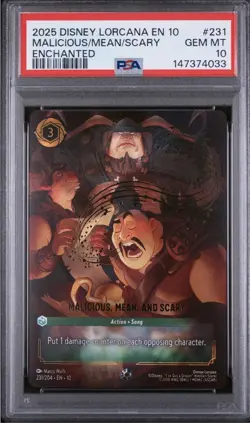 2025 DISNEY LORCANA EN 10-ENCHANTED #231 MALICIOUS, MEAN, AND SCARY PSA 10 - Image 1