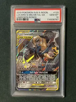 2019 POKEMON SUN & MOON UNBROKEN BONDS #120 LUCARIO & MELMETAL GX PSA 10 - Image 1