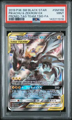 2019 POKEMON SM BLACK STAR PROMO #SM168 FULL ART/PIKACHU & ZEKROM GX PSA 9 - Image 1