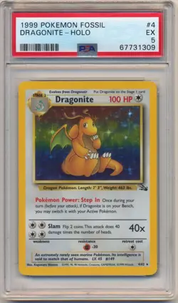 1999 Pokemon Fossil Dragonite Holo 4 PSA 5 EX Excellent Vintage - Image 1