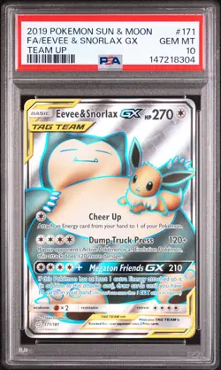 2019 POKEMON SUN & MOON TEAM UP #171 FULL ART/EEVEE & SNORLAX GX PSA 10 - Image 1