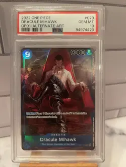 English One Piece Dracule Mihawk OP01-070 Alternate Art Pre-Errata PSA 10 - Image 1