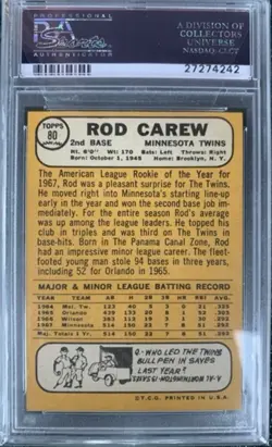 1968 Topps #80 Rod Carew - PSA NM-MT 8 - Minnesota Twins - Image 2