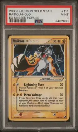 2005 POKEMON EX UNSEEN FORCES GOLD STAR #114 RAIKOU-HOLO PSA 9 - Image 1