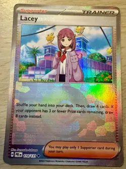 Pokemon Lacey 114/131 Prismatic Evolutions Pokeball Reverse Holo Trainer Card - Image 1