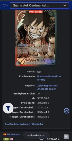 Pre-Errata One Piece Luffy OP01-003 Leader Original EN NO UPPER RIGTH CORNER - Image 3