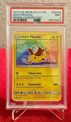 PSA 9 Mint Pokemon Ash’s Pikachu I Choose You! SM108 Black Star Promo - Image 1