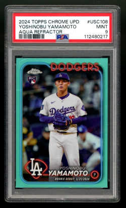 2024 Topps Chrome Update Aqua Refractor Yoshinobu Yamamoto RC Rookie /199 PSA 9 - Image 1