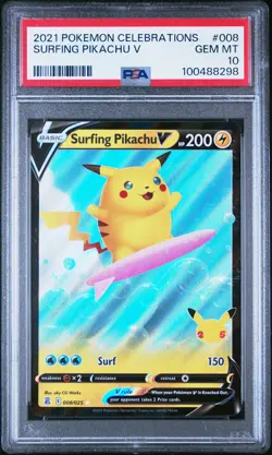 2021 POKEMON CELEBRATIONS #008 SURFING PIKACHU V PSA 10 - Image 1