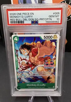 2026 One Piece PRB02-005 Monkey D. Luffy Red Bull Dbl DON Participation PSA 10 - Image 1