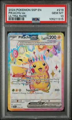 2024 POKEMON SSP EN-SURGING SPARKS ULTRA RARE #219 PIKACHU EX PSA 10 - Image 1