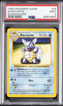 1999 POKEMON BASE SET SHADOWLESS #42 WARTORTLE PSA 9 - Image 1