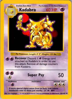 Kadabra 32/102 Uncommon Base Set Shadowless Pokemon Unlimited Moderately Played - Image 1