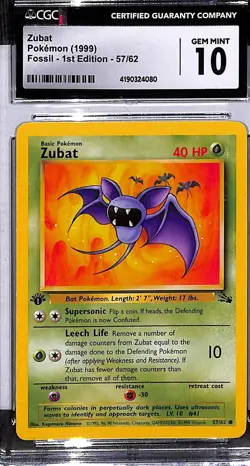 CGC GEM MINT 10 Pokemon Zubat 57/62 1999 Fossil 1st Edition - Image 1