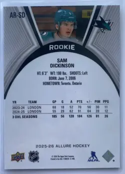 2025-26 Upper Deck Allure Sam Dickinson Rookie Card #AR-SD RC San Jose Sharks - Image 2
