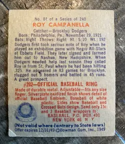1949 BOWMAN #84 ROY CAMPANELLA - RC - Rookie Baseball Card - Pin Hole -Low Grade - Image 2