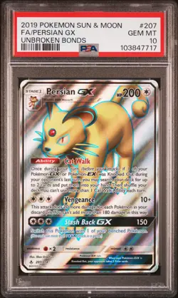 2019 POKEMON SUN & MOON UNBROKEN BONDS #207 FULL ART/PERSIAN GX PSA 10 - Image 1