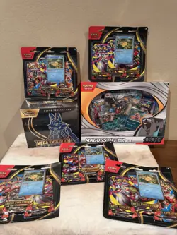 Pokemon Mega evolutions Lot, Lucario ETB, 5 X 3 Pack Blisters, Mabosstiff Box - Image 1