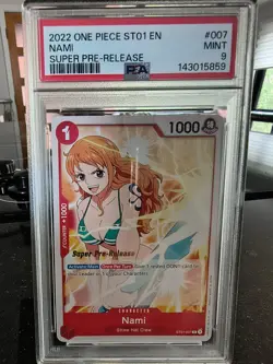 2022 One Piece TCG Nami Super Pre-Release ST01-007 – PSA 9 Mint – Straw Hat Crew - Image 1