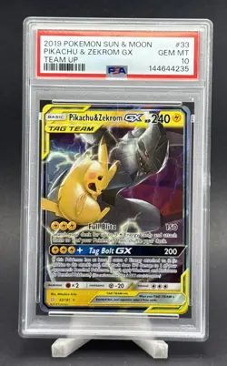 PIKACHU & ZEKROM GX 2019 POKEMON SUN & MOON TEAM UP #33 TAG TEAM PSA 10 - Image 1