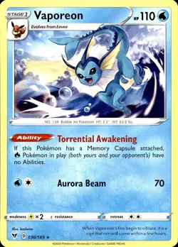 POKEMON VAPOREON 030 VIVID VOLTAGE 185 RARE REVERSE HOLO LP - Image 1