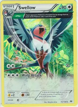 Pokemon Karte XY Drachenleuchten Nr. 72/108 Swellow Reverse Holo englisch - Image 1