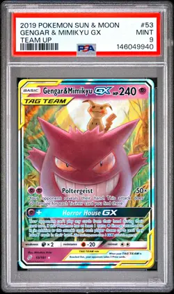 2019 Pokemon Sun & Moon Team Up Gengar & Mimikyu GX #53 PSA 9 - Image 1