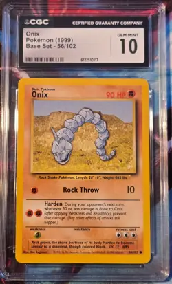 CGC 10 GEM MINT Onix 1999 Base Set 56/102 Vintage Pokemon Card - Image 1