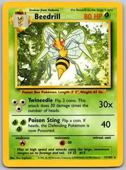 1999 Pokemon Base Set Unlimited Beedrill 17/102 Rare LP - Image 1